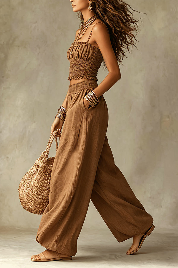 Olive Gypsy  pleated crop top and high-waisted wide-leg pants set-Consonak