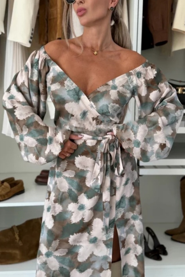 Unique Printed V-neck Long-sleeved Waist Tie Slit Maxi Dress-consonak