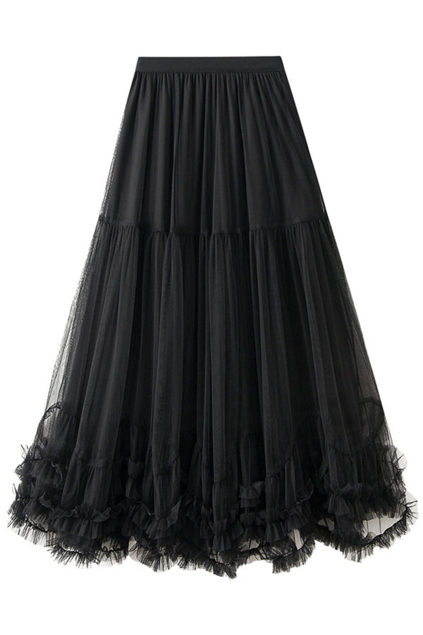 Elegant Tulle Stretch Waist Paneled Pleated Maxi Skirt-consonak
