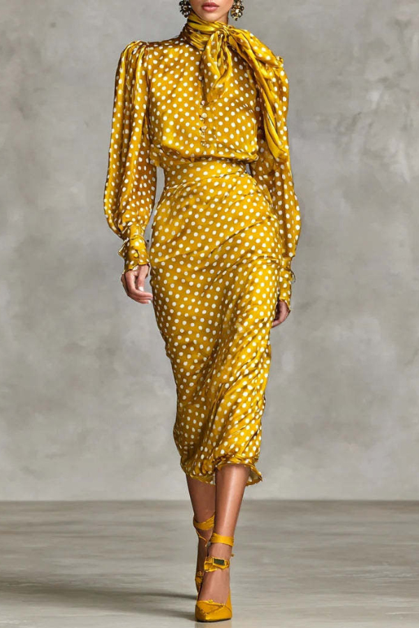Polka Dot Print High-neck Tie Long-sleeved Fitted Midi Dress