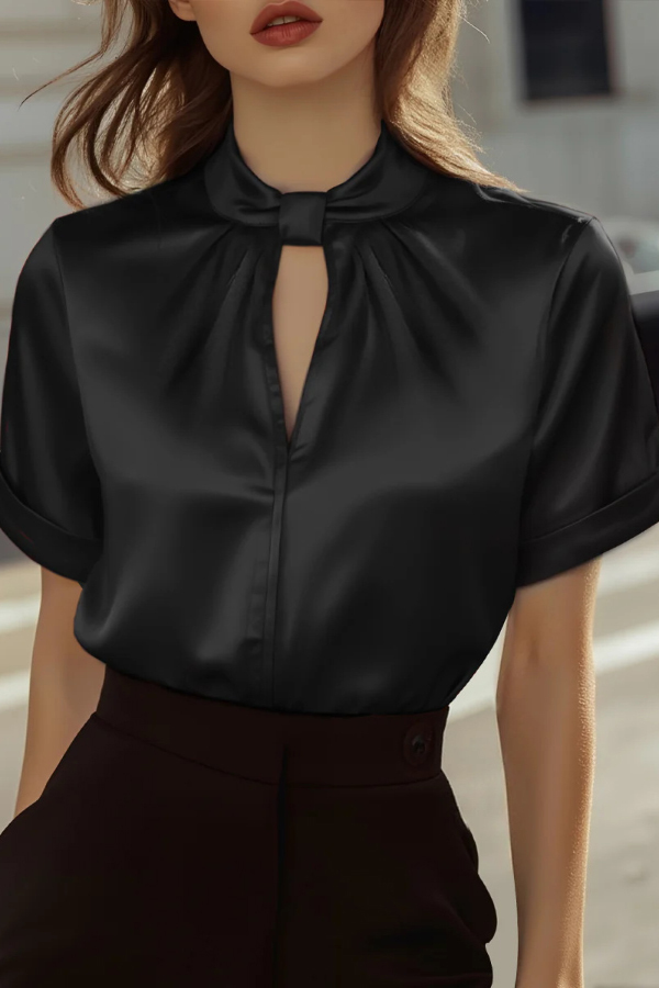 Solid Color Satin Openwork Casual Short-sleeved Shirt-consonak