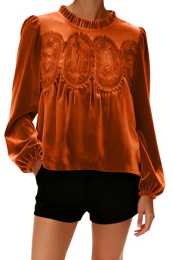 Fashionable Velvet and Lace Patchwork Loose Long-sleeved Top-consonak
