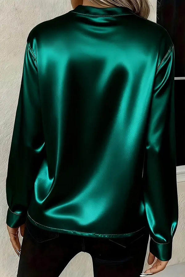 Solid Color Satin Loose V-neck Long-sleeved Casual Shirt-consonak