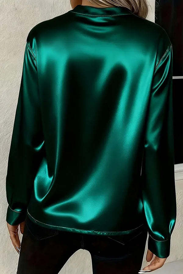 Solid Color Satin Loose V-neck Long-sleeved Casual Shirt-consonak