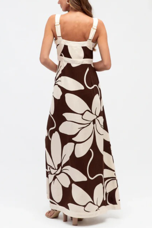 Color-blocked Floral Print Square Neck Sleeveless Casual Maxi Dress | Consonak