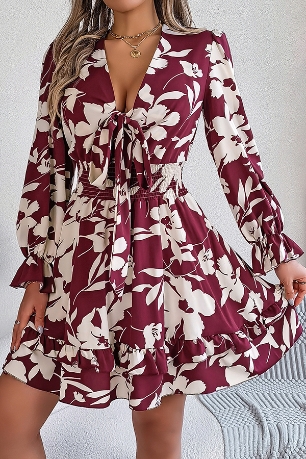 Floral Print V-neck Lace-up Long-sleeve Elastic Waist Mini Dress-consonak