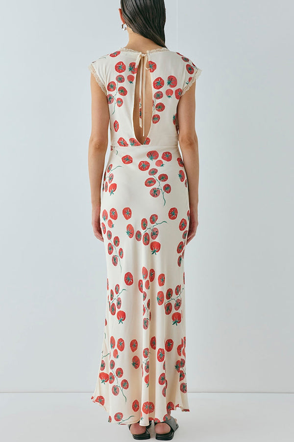 Vintage Inspired Tomato Print Lace Trim Open Back Tie-up Maxi Dress