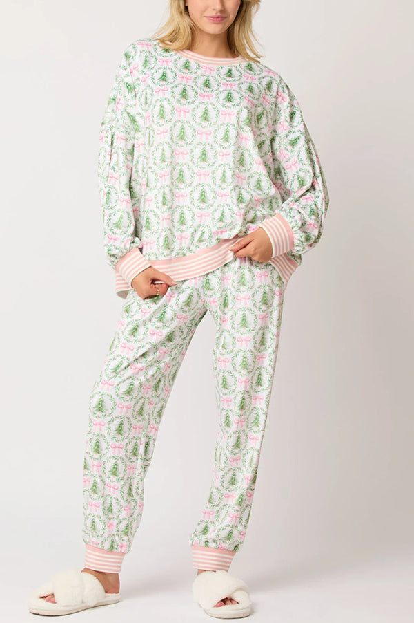 Christmas Print Loose Long-sleeved Top and Elastic Waist Casual Pants Set-consonak