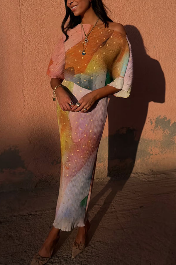 Rudi Pleated Metallic Fleck Print Wide Neck Elastic Waist Midi Dress-consonak