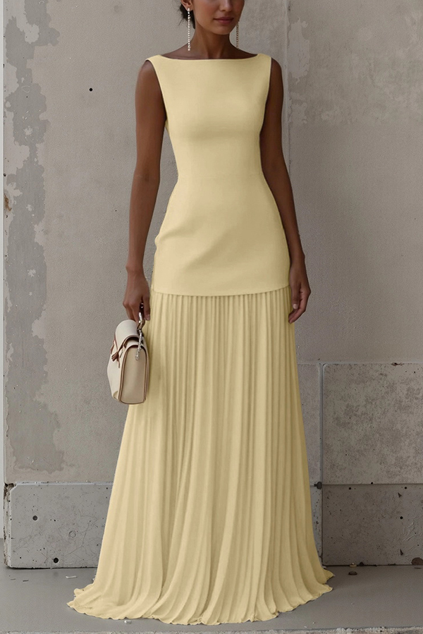 Solid Color Sleeveless Pleated Elegant Maxi Dress | Consonak