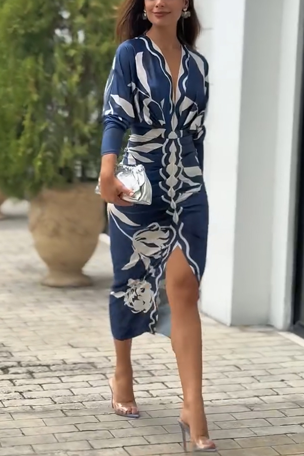 Brazilian Style Unique Print Dolman Long Sleeve Ruched Slit Midi Dress  Vestidos | Consonak