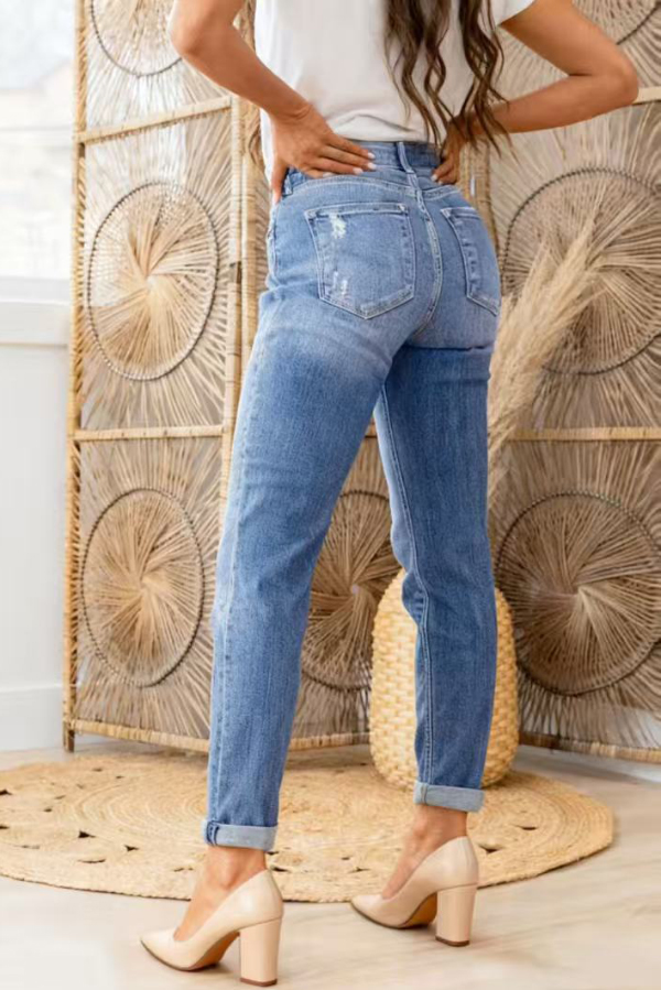 Stylish High-waisted Button-down Casual Pocket Ripped Jeans