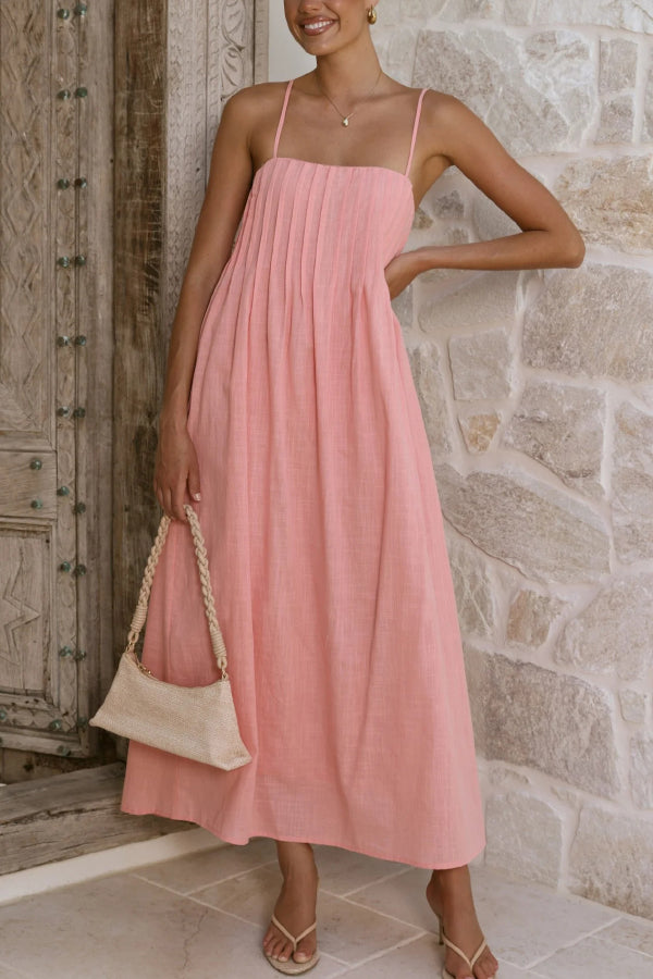 Solid Color Pleated Square Neck Suspender Casual Midi Dress