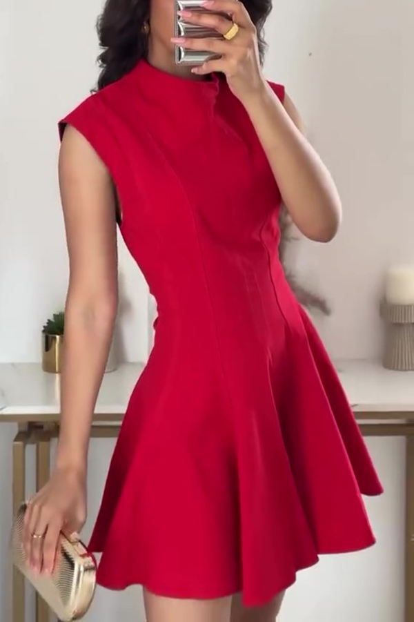 Solid Color Round Neck Sleeveless Waist Mini Dress-consonak