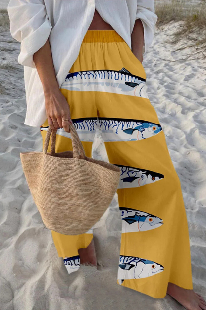 Unique Marine Print Elastic Waist Loose Pocket Pants-consonak