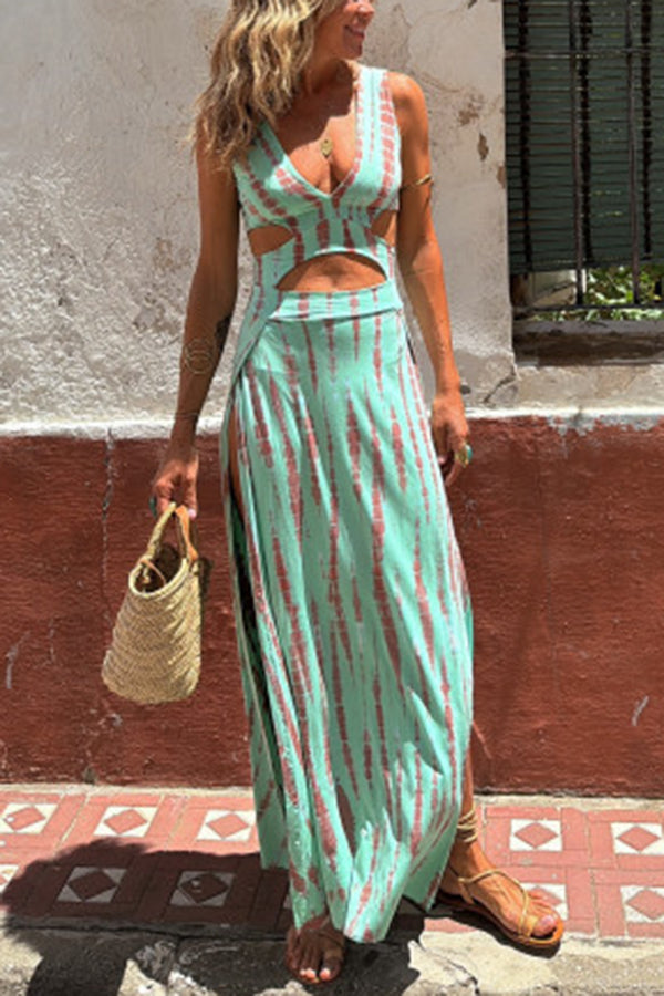 Eleanor Tie-dye Print Cutout Design Slit Stretch Dress | Consonak