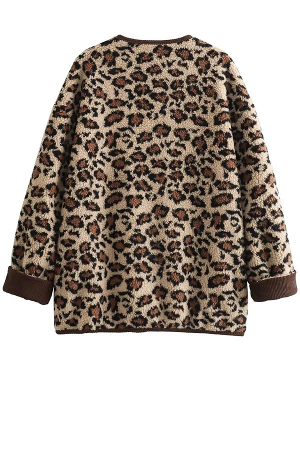 Warm Feel Colorblock Leopard Print Plush Button Up Pocketed Teddy Jacket-consonak
