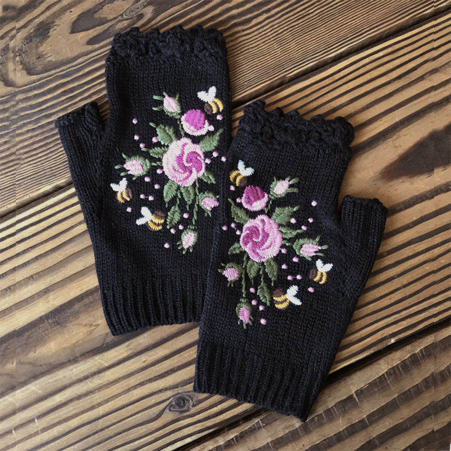 Hand Embroidered Gloves Women's Knitted Gloves Flower Gloves | Consonak