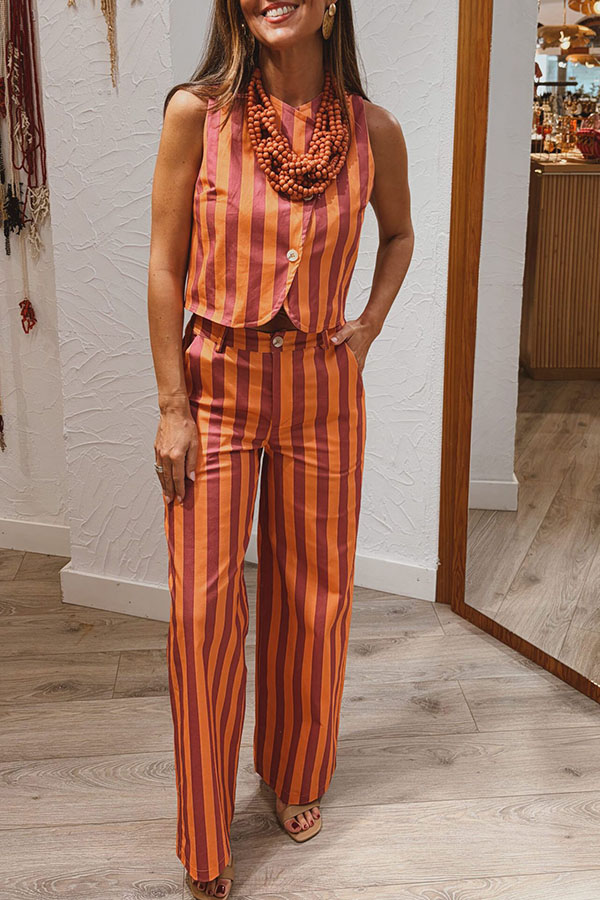 City Outfit Colorful Stripes Button Up Vest and Elastic Waist Pocket Loose Pants Set | Consonak