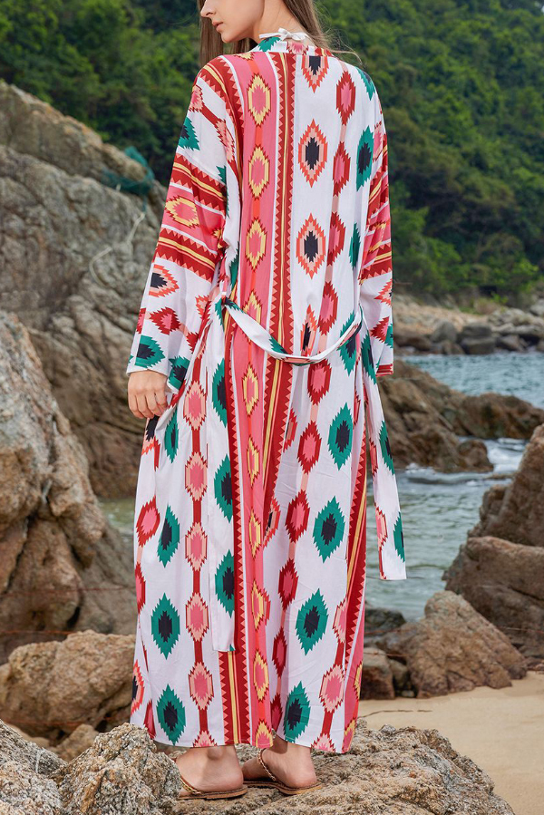 Unique Printed Loose Long-Sleeved Tie-Waist Holiday Extra-Long Cover-Up Robe-consonak