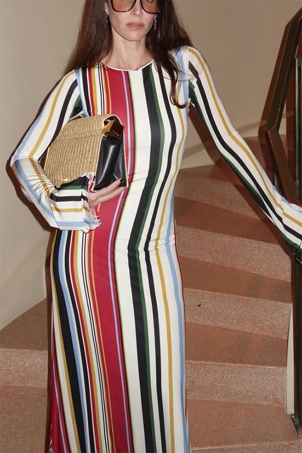 Vibrant Holiday Colorful Striped Print Extra Long Sleeve Fitted Flared Maxi Dress-consonak