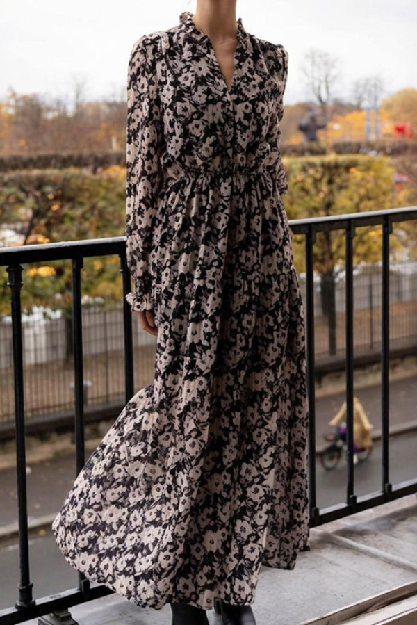 Floral Print V-neck Long-sleeved Fitted Waist Casual Maxi Dress