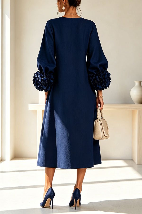 Rima Linen Blend Flowers Button Down Floral Cuffs Half Sleeve Pocket Midi Dress-Consonak