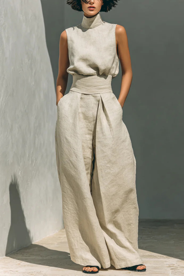 Linen Blend Solid Color Turtleneck Sleeveless Top and Casual High-waisted Elastic Waist Pocket Wide-leg Pants Set