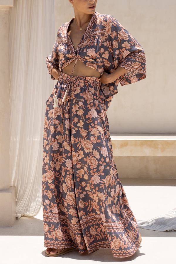 Floral Print Casual Elastic Waist Pocket Loose Wide-leg Pants-consonak