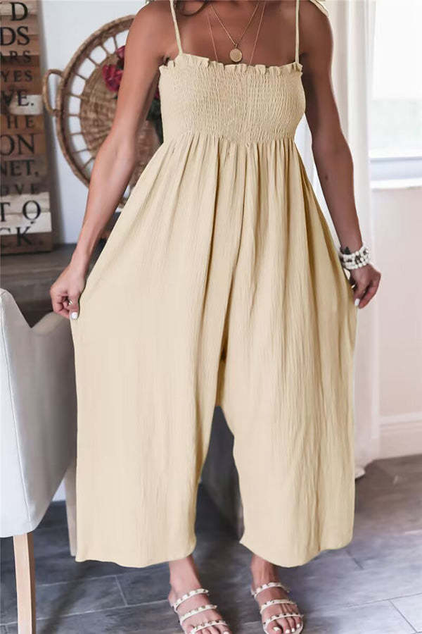 Elegant Solid Color High Waist Linen Blend Suspender Pleated Jumpsuit-consonak