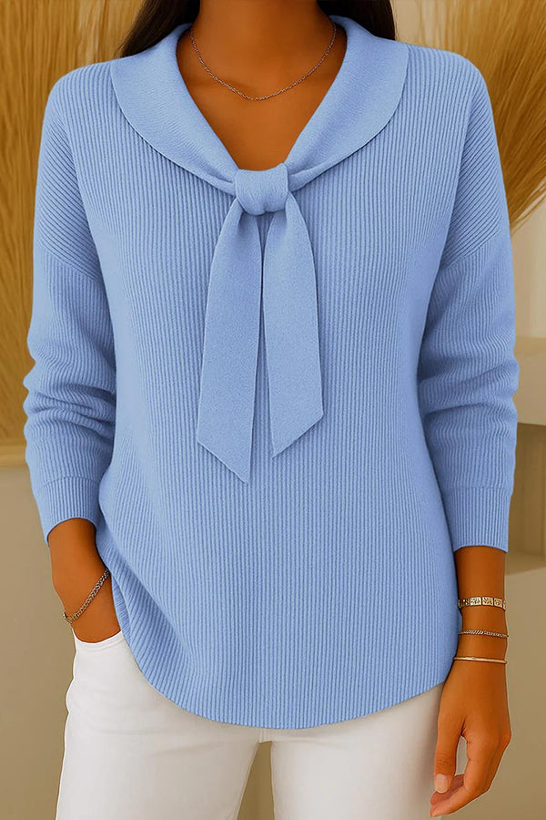 Solid Color Loose-fitting Tie-waist Long-sleeved Knit Sweater-consonak