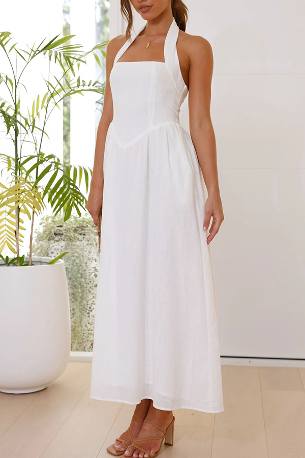 Brunch in Bali Linen Blend Halter Neck Pocketed Maxi Dress-consonak