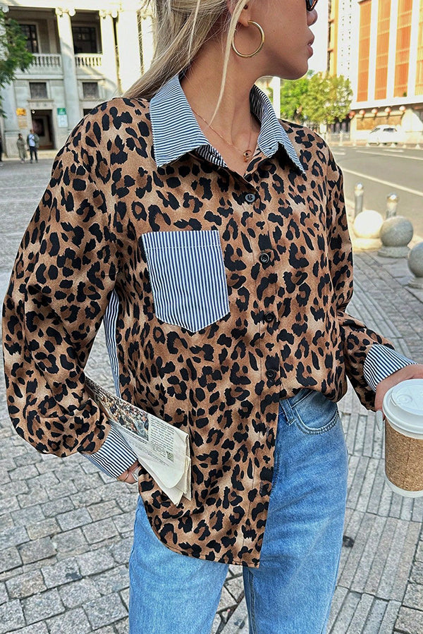 Stylish Striped Leopard Print Patchwork Loose Casual Long-sleeved Shirt-consonak