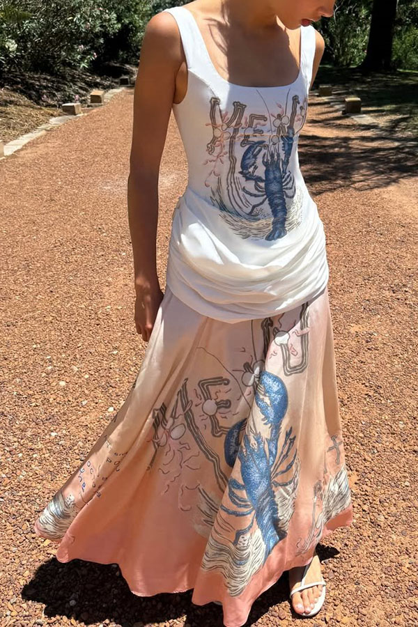 Jino Unique Lobster Print Square Neck Ruched Drape Hip Maxi Dress