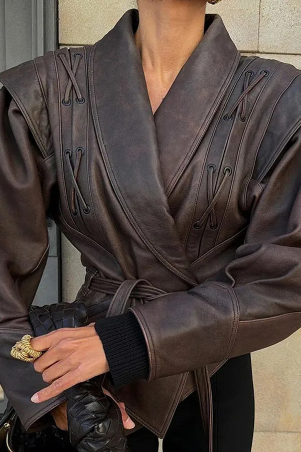 Street Warrior Faux Leather Distressed Style Lace-up Lapel Belt Oversized Jacket-consonak