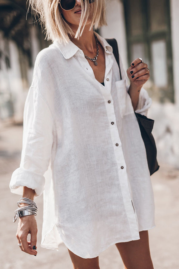 Go To The Beach Linen Blend Pocketed Long Sleeve Oversized Shirt | Consonak