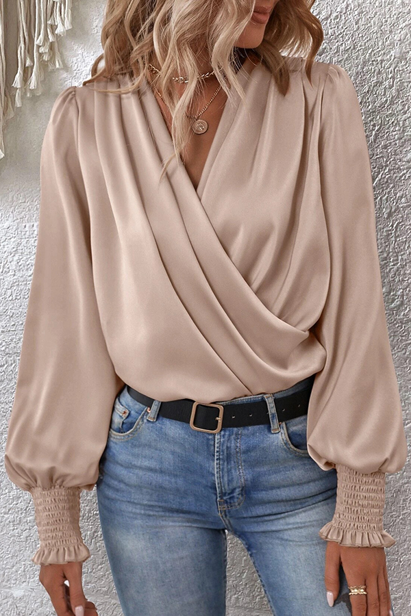 Satin Solid Color V-neck Lantern Sleeve Elegant Loose Shirt-consonak