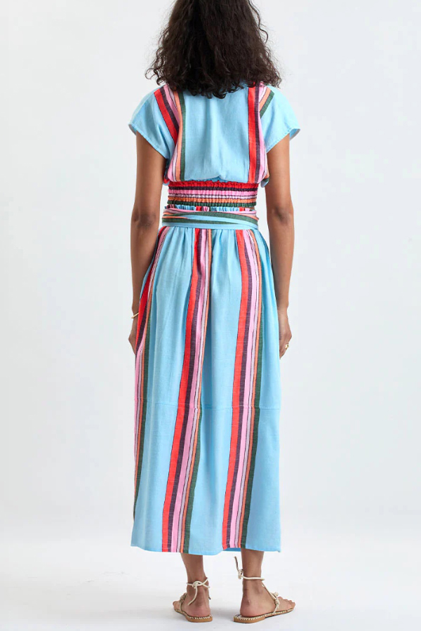 Stylish Striped Print V-neck Cropped Top and Elastic Waist Casual Maxi Skirt Set-consonak