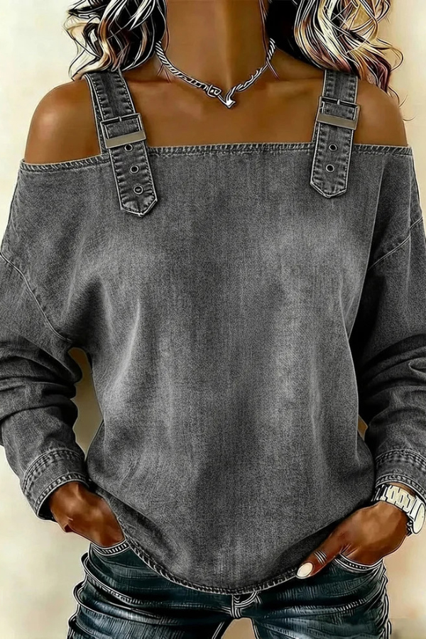 Fashionable Faux Denim Off-shoulder Long-sleeved Loose Top