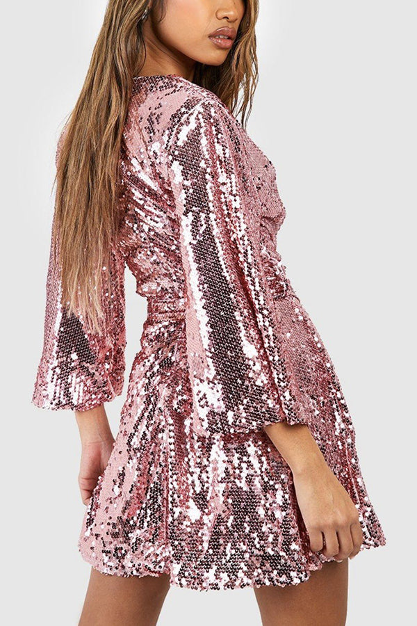 Solid Color Loose Sequined V-neck Tie Mini Dress-consonak