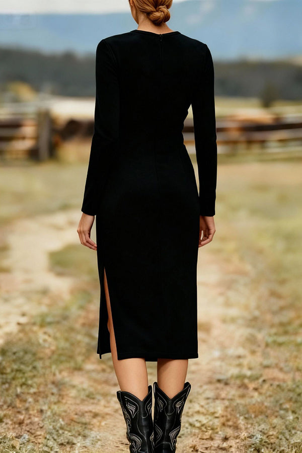 Solid Color Round Neck Long-sleeved Suede Slim-fit Tassel Midi Dress-consonak