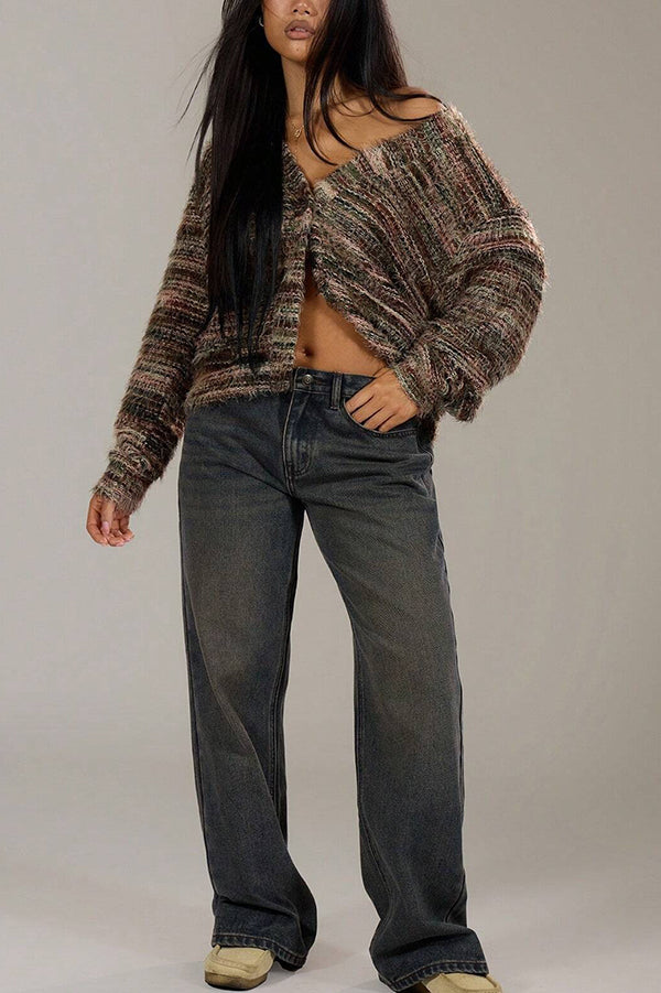 Fashionable Mixed Color Loose V-neck Casual Knit Cardigan-consonak