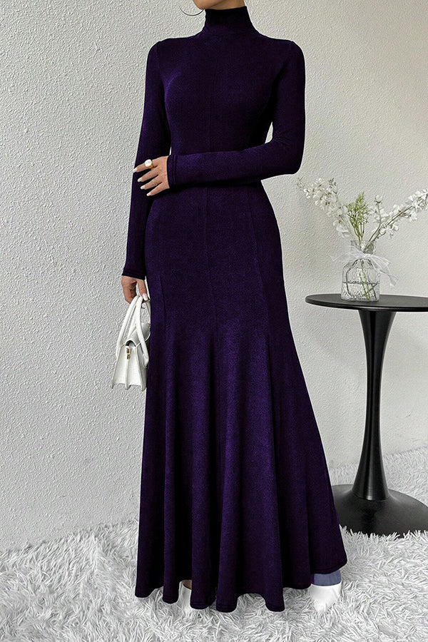 Solid Color High-neck Long-sleeved Slim-fit Fishtail Elegant Maxi Dress-consonak