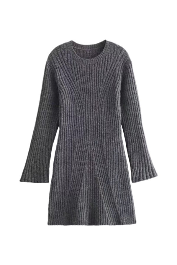Beautiful Basic Ribbed Knit Long Slit Sleeve Flare Stretch Dress-consonak
