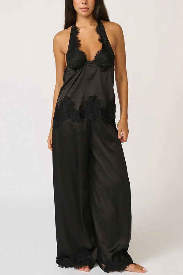 Elegant Morning Satin Lace Trim Halter Tie-up Tank and Elastic Waist Loose Pants Set-consonak