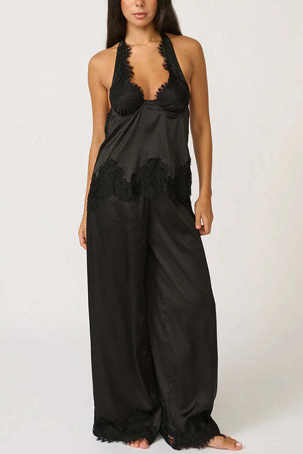 Elegant Morning Satin Lace Trim Halter Tie-up Tank and Elastic Waist Loose Pants Set-consonak