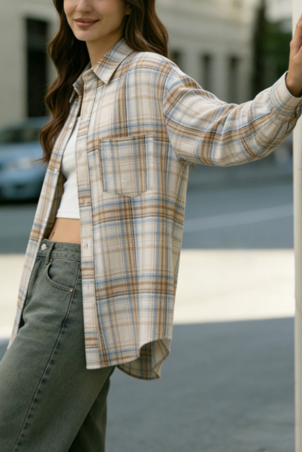 Stylish Plaid Collared Long-sleeved Pockets Casual Loose Shirt