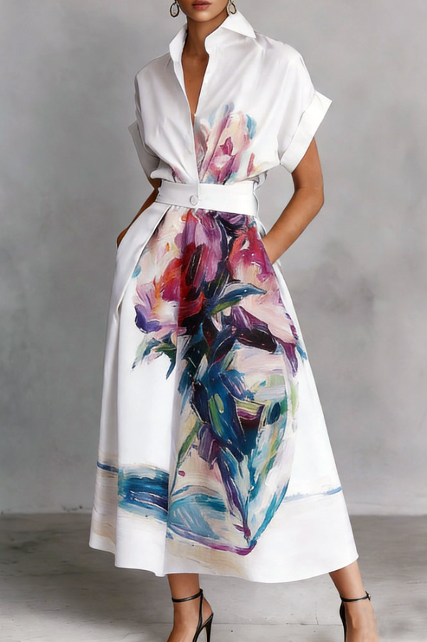 Fashionable Art Print Collared Short Sleeve Casual Pocket Midi Dress | Consonak