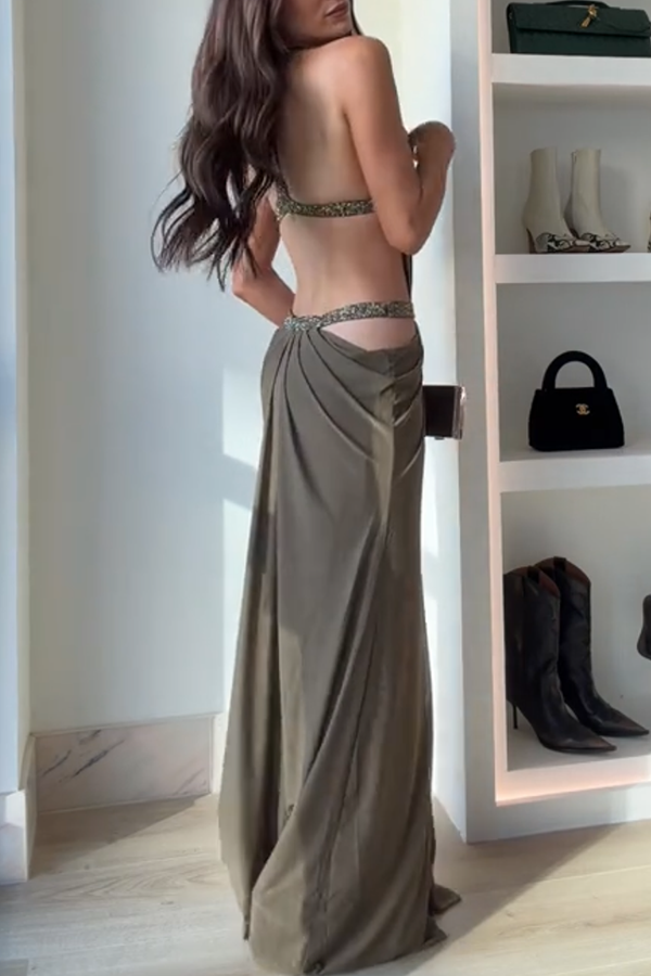 Khaki Hot-fix Rhinestone Shoulder Strap Cutout Design Backless Drape Maxi Dress-consonak