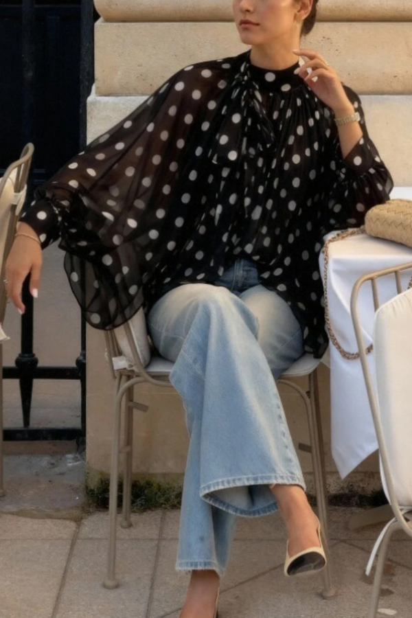 Polka Dot Print Tie-waist Lantern Sleeve Elegant Loose Shirt-consonak